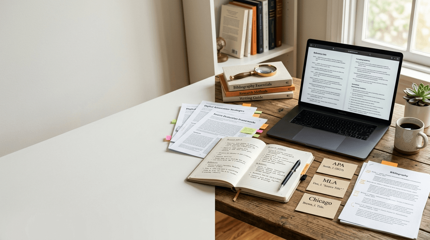 Annotated bibliography research guide with APA, MLA, and Chicago citation formats on an academic workspace
