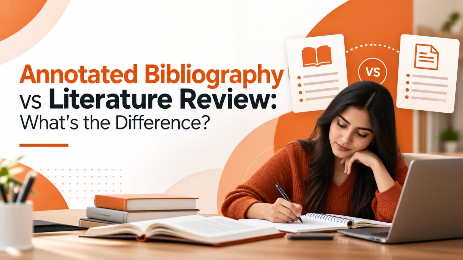 Annotated bibliography vs literature review comparison with a student studying academic sources